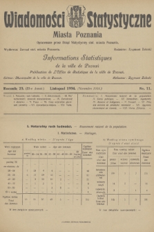 Wiadomości Statystyczne Miasta Poznania = Informations Statistiques de la Ville de Poznań. R.23, 1934, nr 11