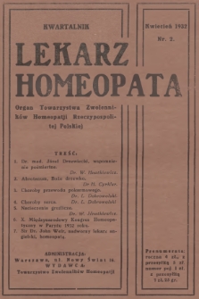 Lekarz Homeopata : organ Towarzystwa Zwolenników Homeopatji Rzeczypospolitej Polskiej = Medécin-Homéopathe : organe officiel de la Société des Adhérents d'Homéopathie de la Pologne. 1932, nr 2