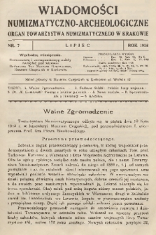 Wiadomości Numizmatyczno-Archeologiczne : organ Towarzystwa Numizmatycznego w Krakowie. T.8, 1918, nr 7