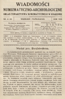 Wiadomości Numizmatyczno-Archeologiczne : organ Towarzystwa Numizmatycznego w Krakowie. T.8, 1918, nr 9 i 10