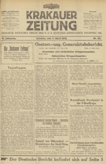 Krakauer Zeitung : zugleich amtliches Organ des K. U. K. Festungs-Kommandos. 1916, nr 92