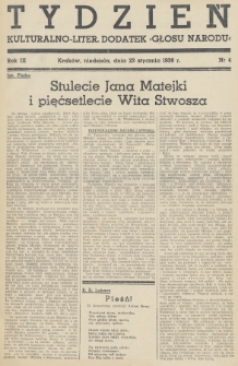 Tydzień : kulturalno-liter. dodatek „Głosu Narodu”. 1938, nr 4