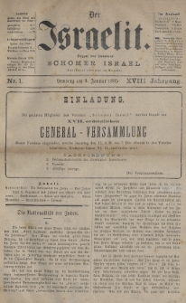 Der Israelit : Organ der Vereines „Schomer Israel”. 1885, nr 1