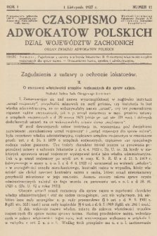 Czasopismo Adwokatów Polskich : Dział Województw Zachodnich : organ Związku Adwokatów Polskich. R.1, 1927, nr 11