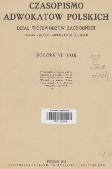 Czasopismo Adwokatów Polskich : Dział Województw Zachodnich : organ Związku Adwokatów Polskich. R.7, 1933, spis rzeczy
