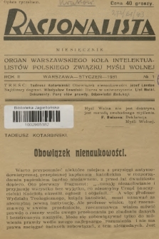 Racjonalista : organ Warszawskiego Koła Intelektualistów Polskiego Związku Myśli Wolnej. R.2, 1931, № 1