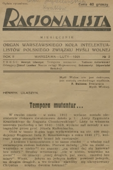 Racjonalista : organ Warszawskiego Koła Intelektualistów Polskiego Związku Myśli Wolnej. R.2, 1931, № 2