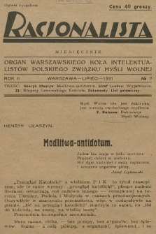 Racjonalista : organ Warszawskiego Koła Intelektualistów Polskiego Związku Myśli Wolnej. R.2, 1931, № 7