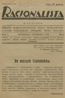 Racjonalista : organ Warszawskiego Koła Intelektualistów Polskiego Związku Myśli Wolnej. R.2, 1931, № 9