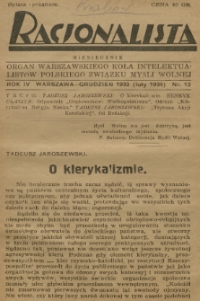 Racjonalista : organ Warszawskiego Koła Intelektualistów Polskiego Związku Myśli Wolnej. R.4, 1933, nr 12