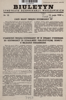 Biuletyn Syndykatu Dziennikarzy Warszawskich. 1939, nr 18
