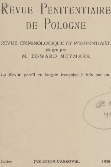 Revue Pénitentiaire de Pologne : revue criminologique et pénitentiaire. 1926, [nr 1]