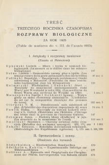Rozprawy Biologiczne z Zakresu Medycyny Weterynaryjnej, Rolnictwa i Hodowli, T. 3, 1925, Treść trzeciego rocznika czasopisma „Rozprawy Biologiczne” za rok 1925