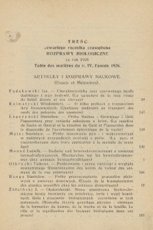Rozprawy Biologiczne z Zakresu Medycyny Weterynaryjnej, Rolnictwa i Hodowli, T. 4, 1926, Treść czwartego rocznika czasopisma „Rozprawy Biologiczne” za rok 1926